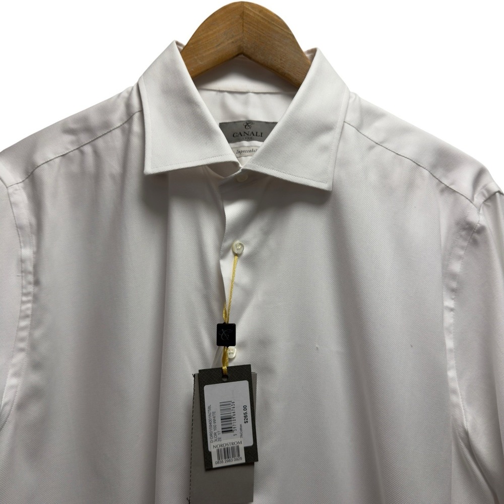 Canali Men 17 White Solid Dress Shirt Impeccable Textured Stretch NWT